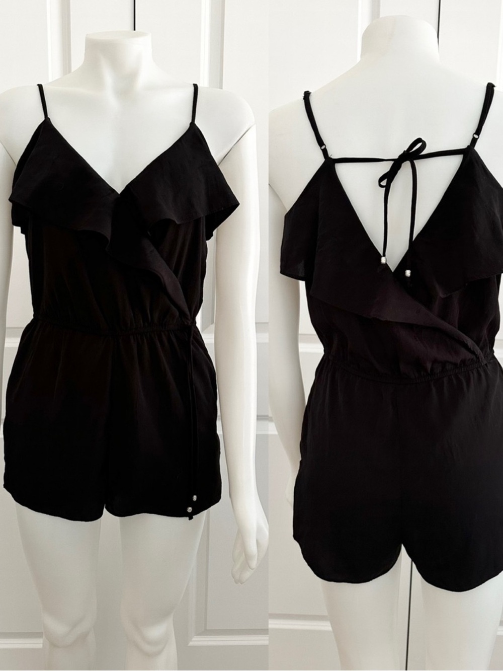 Black Ruffle Wrap Front Shorts Romper- Going Out / Date Night / Vacation